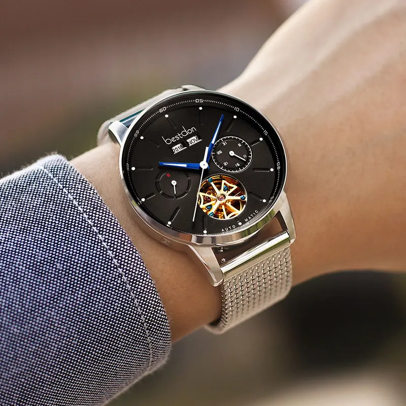 Silver-black-white Bestdon Скелет Механические Мужские часы с большим циферблатом автоматические спортивные наручные часы Switzerland лучший бренд класса люкс водонепроницаемые Relogio - Цвет: Silver-black-white