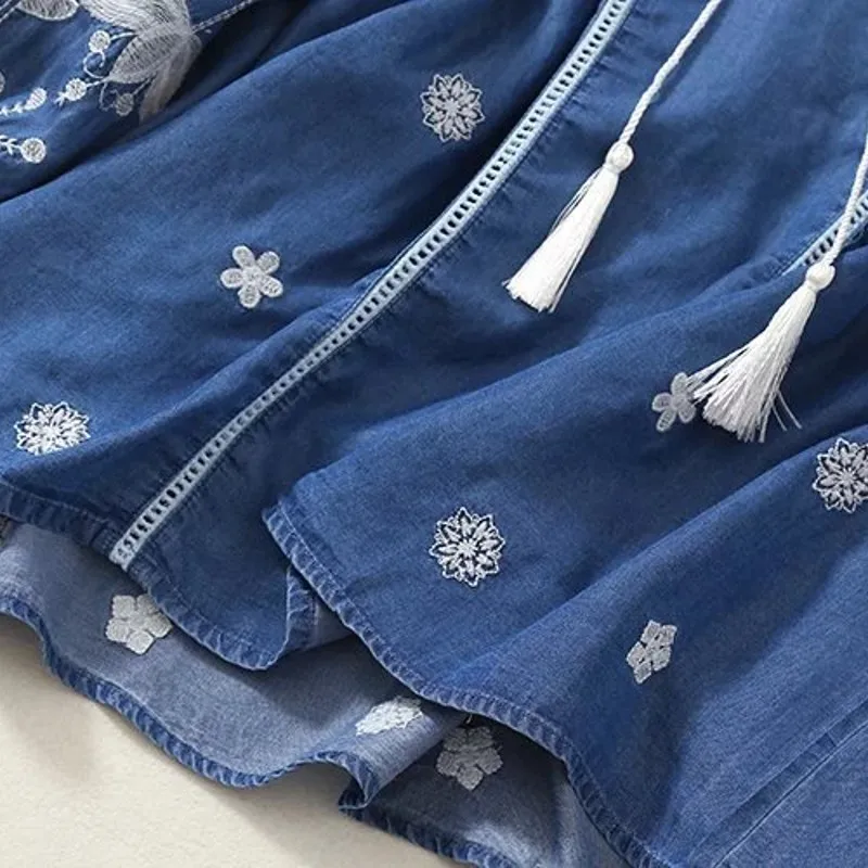 Женская блузка с длинным рукавом вышивкой в стиле ретро кисточками круглым