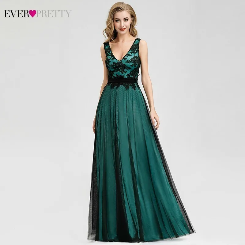 Robe De Soiree Ever Pretty темно-зеленые кружевные вечерние платья Длинные трапециевидные с v-образным вырезом без рукавов элегантные официальные платья Vestido Comprido