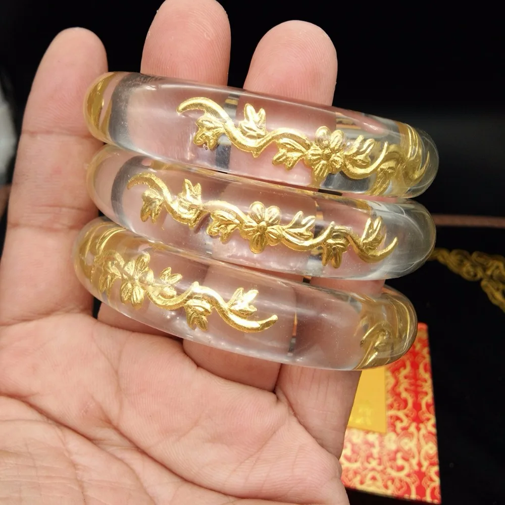 24 каратный желтый золотой браслет/браслет с цветами и кристаллами диаметр 58 мм 60