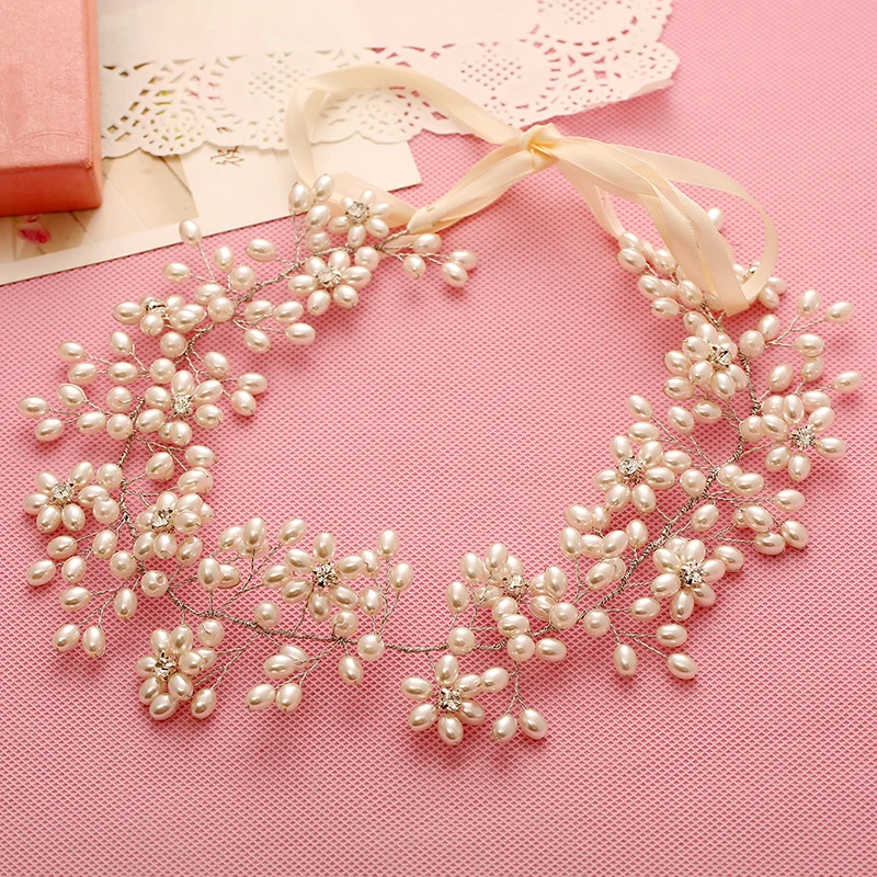 Handmade Romantic Prom Wedding Ribbon Headband Pearl And Crystal Hair Vines Bridal Headpiece Bride Accessories | Украшения и