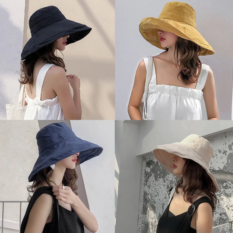

2019 New Big Brim Bucket Hats Women Outdoor Sun Protector Hat Crimped Double Sided Caps Casual All Match Street Fashion 58-60cm