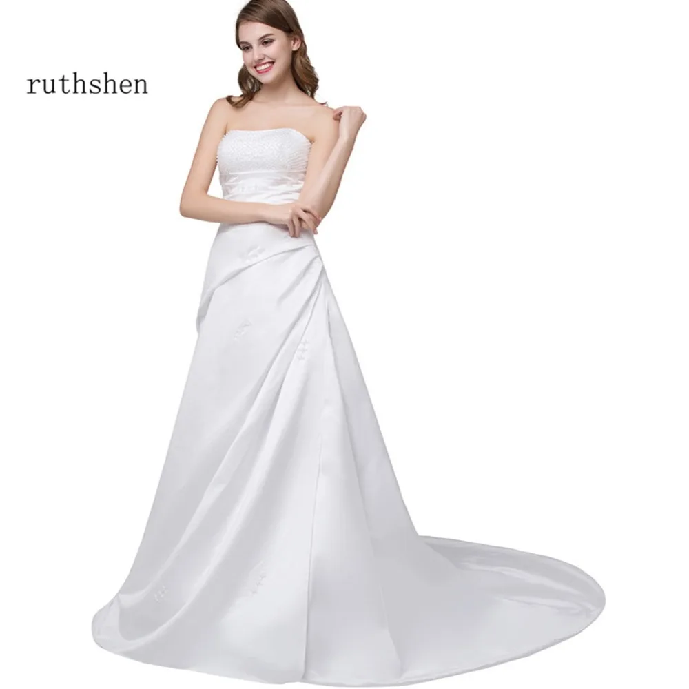 Ruthshen Дешевые Свадебные платья без бретелек с бисером плиссированные со шлейфом в