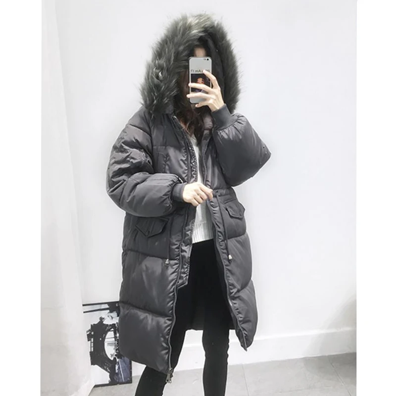 Женский пуховик с большим меховым воротником зимний нового размера плюс длинный