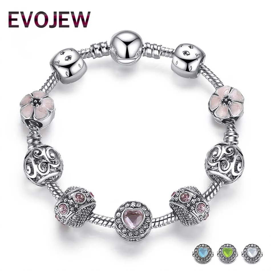 4 Color 925 Silver High Quality Enamel Flower Charm Bracelet &amp Bangle Crystal Love Heart for Women Wedding Jewelry Gift | Украшения и