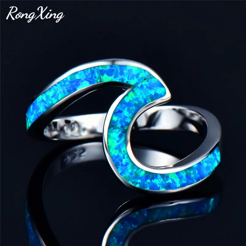 Blue Opal Ring RongXing белый/синий/зеленый/оранжевый/розовый огненный опал океанская волна кольца для женщин 925 пробы заполненный серебром камень кольцо пляжный подарочный - Цвет основного камня: Blue Opal Ring
