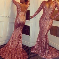 rose pink sparkly sequined prom dresses 2021 scoop neck long sleeves cheap mermaid sexy low back evening gowns vintage pageant