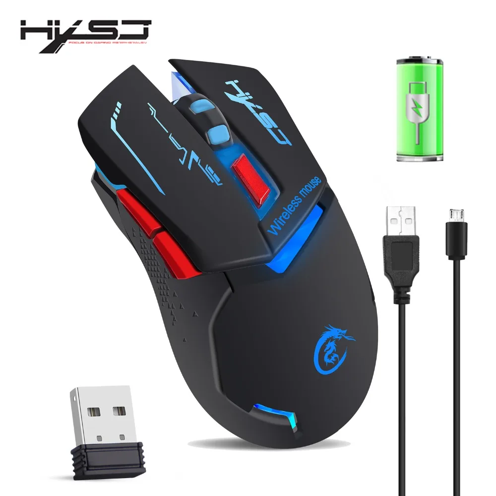 HXSJ 2400 точек/дюйм перезаряжаемая Беспроводная игровая мышь 7 цветов с подсветкой дышащая комфортная геймерская мышь для компьютера настольного ноутбука