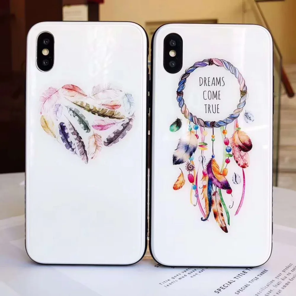 Ловец снов перьевой защитный чехол для iPhone X XS Max XR телефон закаленное стекло крышка чехол для iPhone 6 6s 7 8 Plus