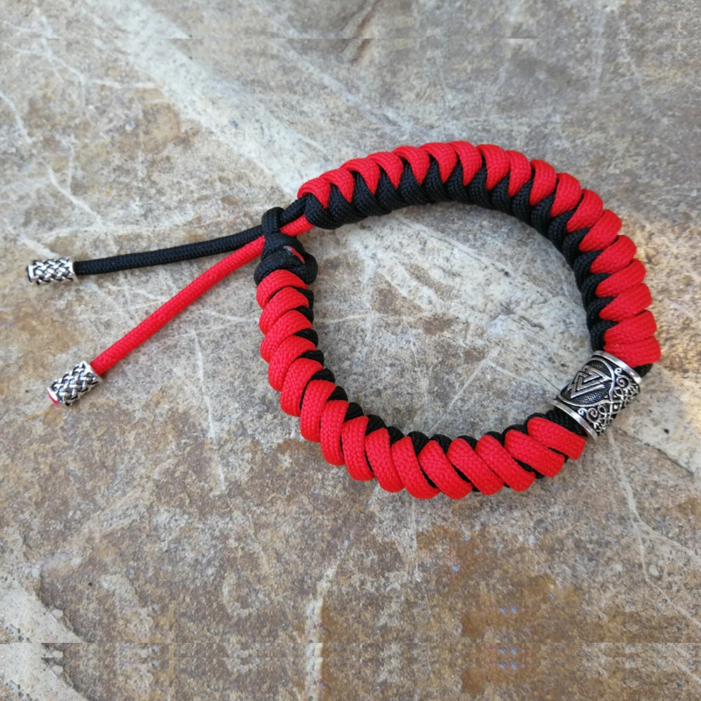 

Norse Viking Rune Bead Bracelets Thor Mjolnir Hammer Paracord Rune Knot Amulet Men Bracelet Black &Red Paracord