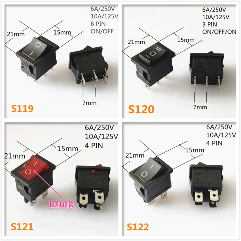 SPST KCD 3PIN 6PIN On/Off кулисный переключатель квадратной формы DC AC 16A/250V пластиковый для