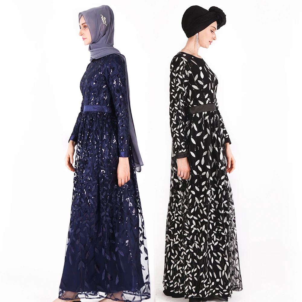 2019 двойные слои кружева вышивка блесток женская мусульманская Круглый воротник