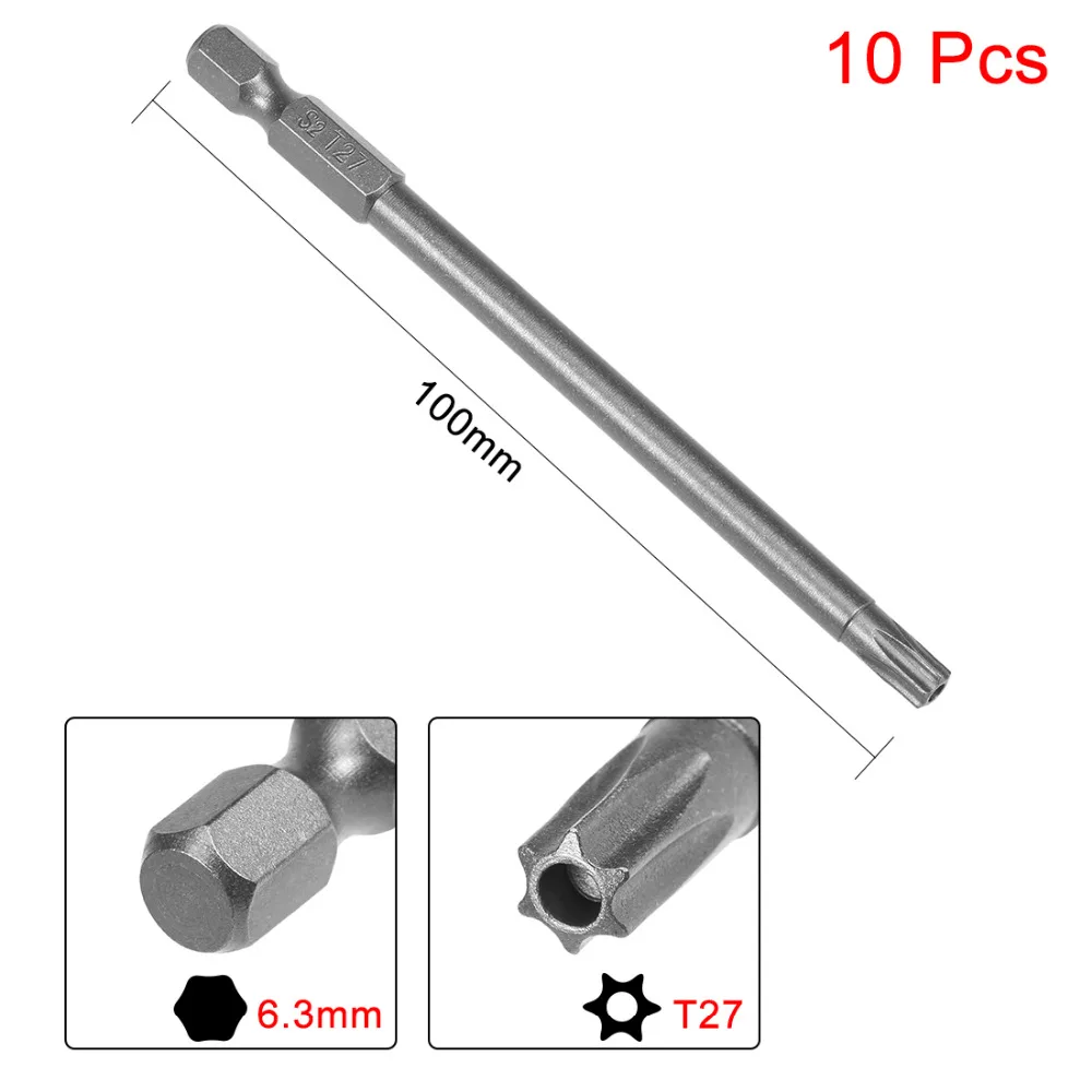 

UXCELL Newest 10pcs 1/4" 100mm Hex Shank T27 Magnetic Torx Head Security Screwdriver Bits S2 High Alloy Steel