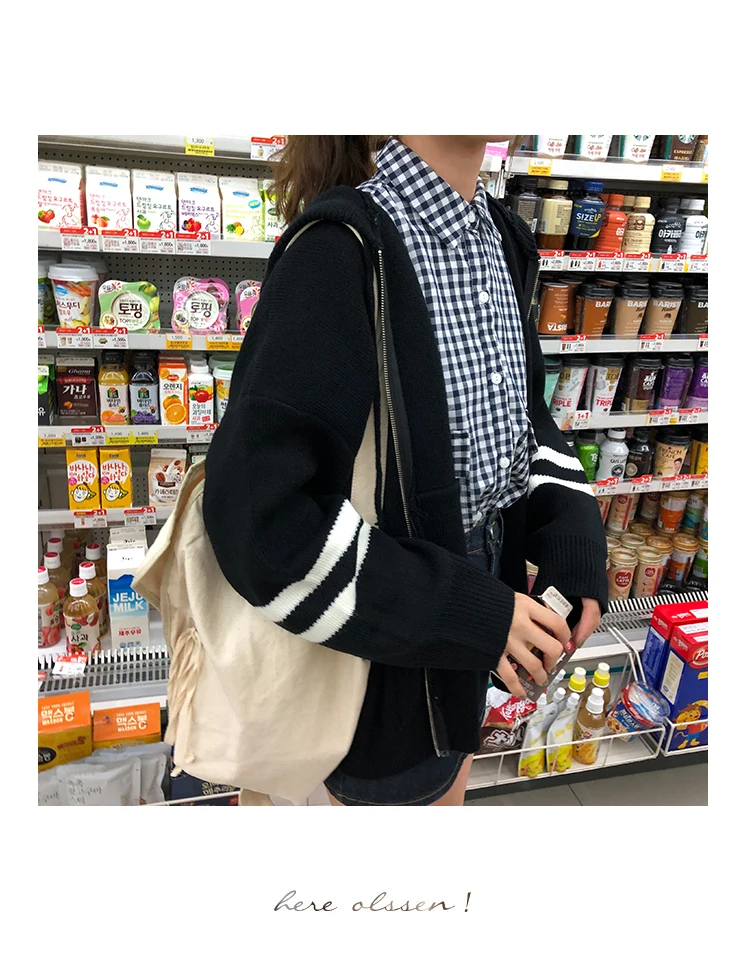 Woherb Harajuku Knitted Cardigan Women Korean Style Modis Striped Print Hooded Sweater Coat Girls Casual Runway Sweaters