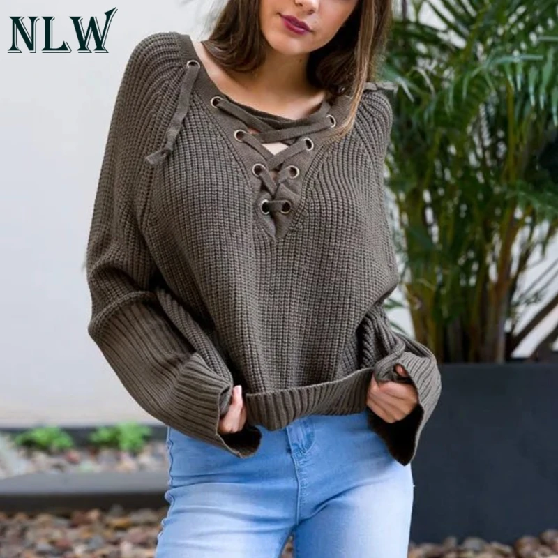 NLW Casual Knit Winter Women Sweater Lace Up High Street Sexy Sweate Pullovers Long Sleeve Solid White | Женская одежда