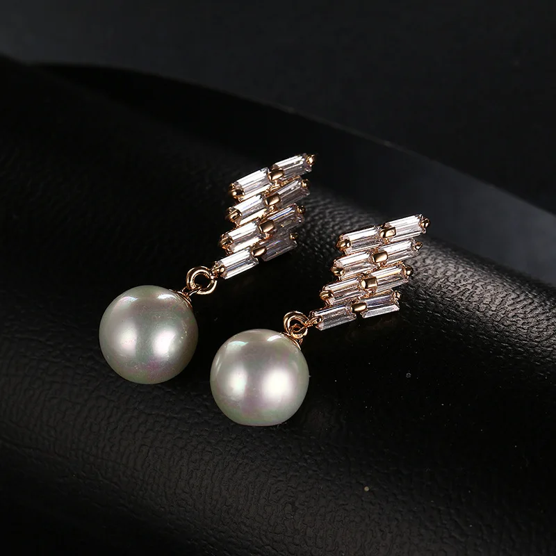 Серьги подвески женские с жемчугом мозаика из ракушек и прозрачного кубического