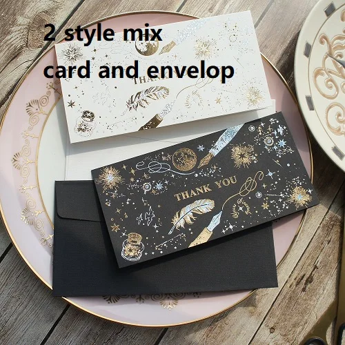 card and envelop 12set black white Gold Theme feather star thank you Card Wedding Birthday Valentine Party Invitation with Envelope Gift Message - Цвет: card and envelop