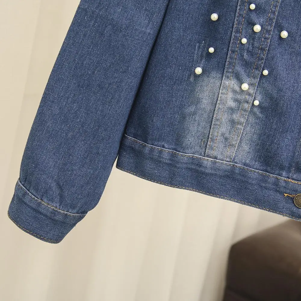 Plus size 5XL Denim Short Jacket Women Spring Autumn Beading Jeans Coat Female Long sleeve Casual Tops Basic Outerwear G192 | Женская