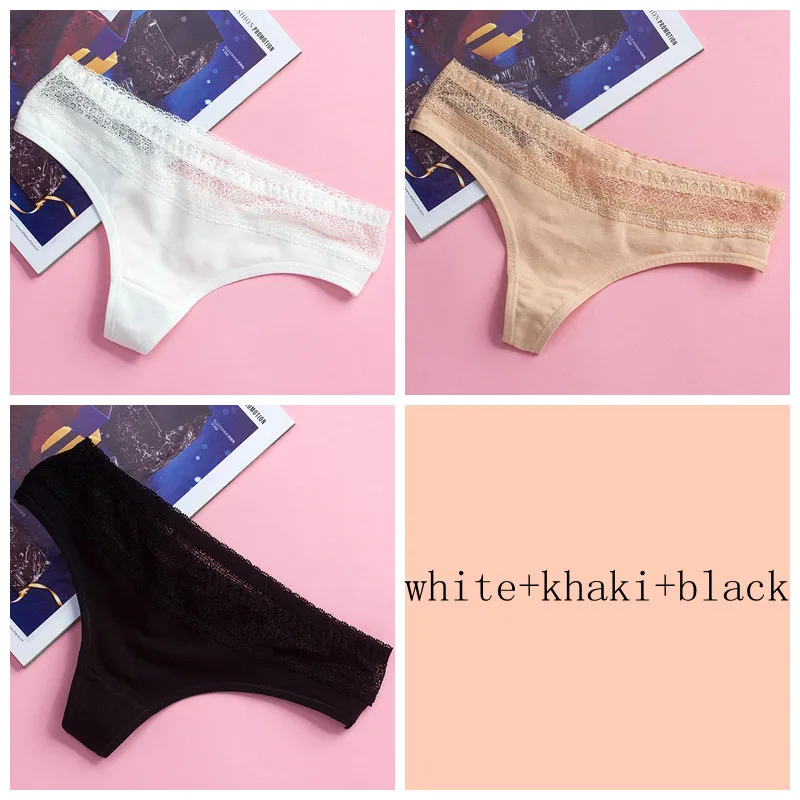 white khaki black 3 шт./лот, женские хлопковые стринги и стринги, бразильские трусики, женское нижнее белье, сексуальные бесшовные трусики, одноцветные трусы XL - Цвет: white khaki black