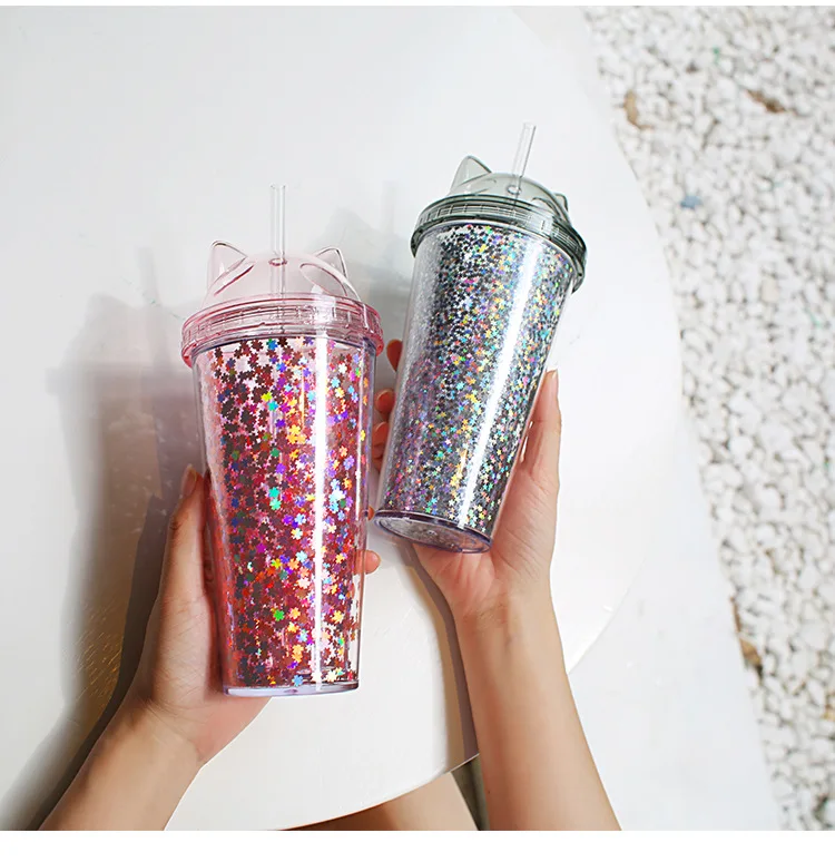 Новая креативная пластиковая BPA Хрустальная бутылка для воды флэш кошачьими ушками двухслойная Питьевая Бутылка Чашка для воды подарок детская посуда для напитков