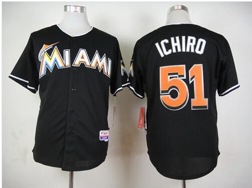 Men's Miami Marlins #51 Ichiro Suzuki Black white Jersey by stitched free shipping black jerseys|jersey boys tee shirts|jersey joejersey johnson |