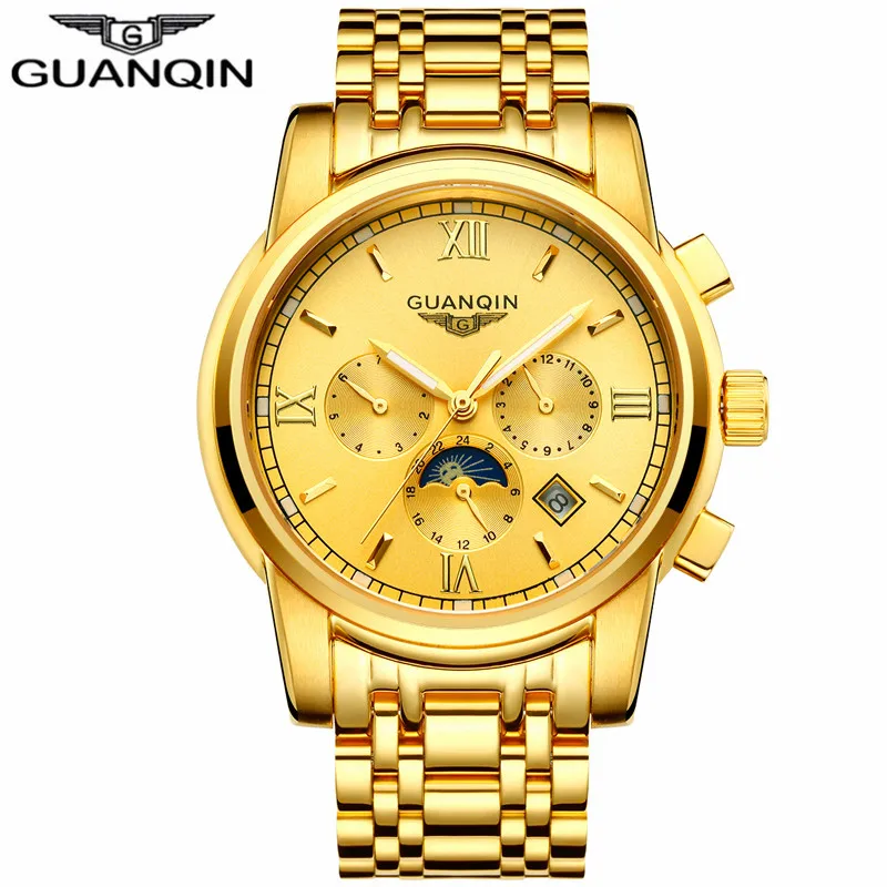 GOLD GOLD GUANQIN часы для мужчин люксовый бренд автоматический самоветер бизнес нержавеющая сталь Водонепроницаемый механические наручные часы для мужчин часы - Цвет: GOLD GOLD