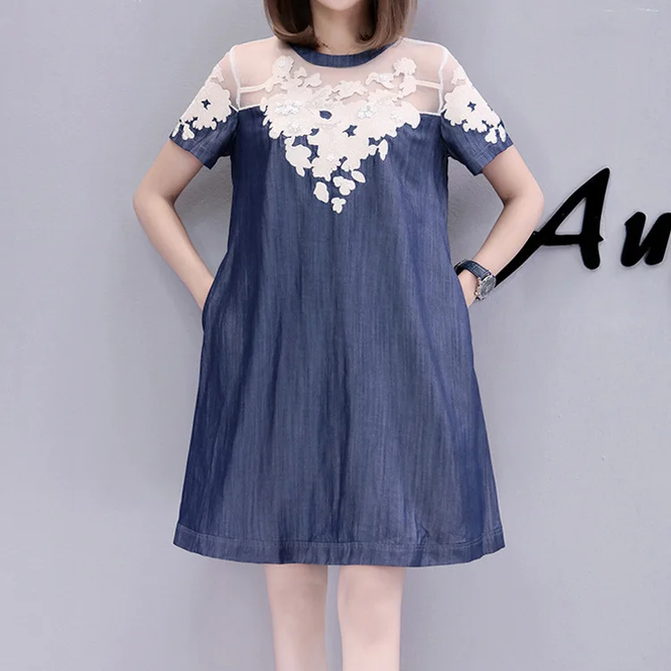 

New Arrival Lace Bead Patchwork Summer Women Denim Dresses Half Sleeves Loose A Line Dresses Plus Sizes 5XL Jeans Dresses