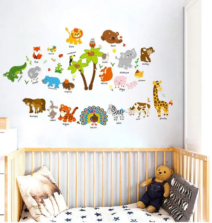 Cartoon Animal Wall Sticker Friends Stickers For Kids Rooms English Letters Decal Nursery Decor SK9296 | Дом и сад