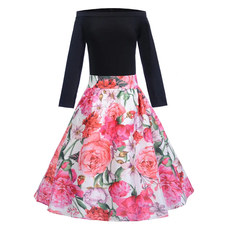 QR Fashion Summer Dress Women 2019 Casual Elegant Vintage Print Ball Gown Dresses Female Sexy Off Shoulder Evening Party | Женская