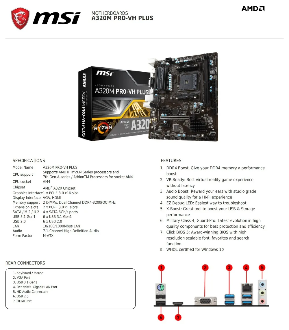 Новая оригинальная материнская плата MSI A320M PRO-VH PLUS, разъем AM4 DDR4, USB2.0, USB3.1, VGA, HDMI, 32 ГБ, настольная материнская плата
