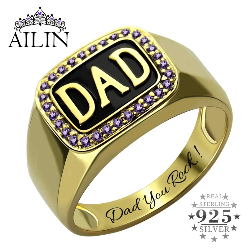 

AILIN Men's Custom Birthstone DAD Ring 925 Sterling Silver 18K Gold Plated Handmade Birthstone Ring Fathers Day Gifts