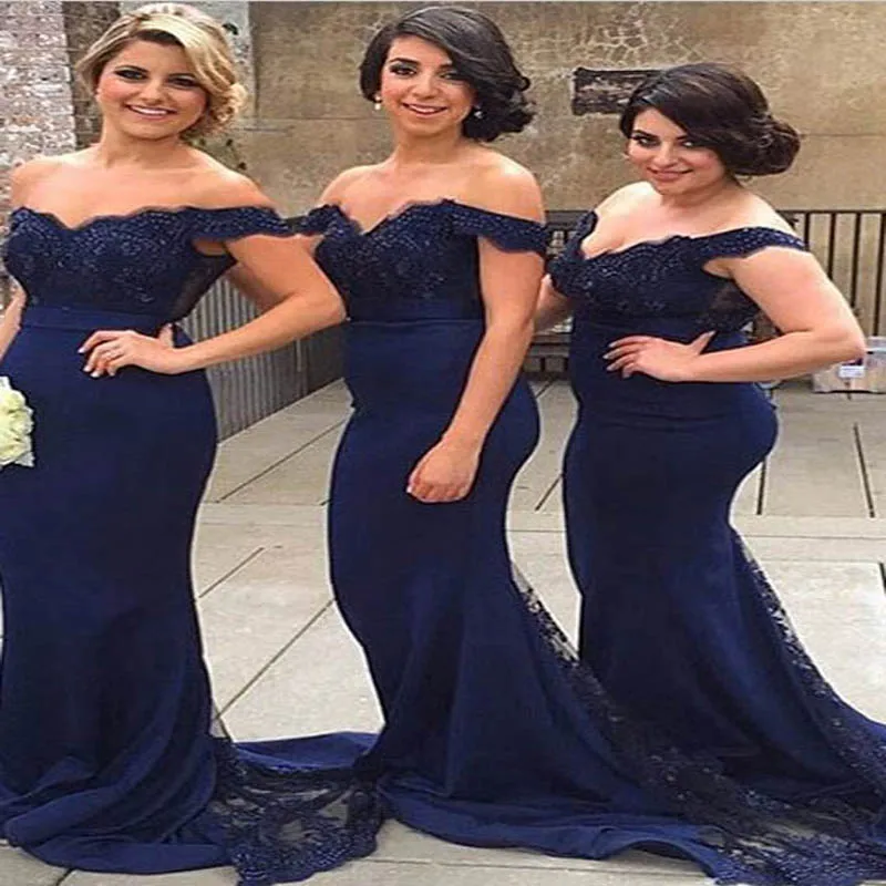 Navy Blue Mermaid Bridesmaid Dresses 2017 Off the Shoulder Sweep Train Ribbon Lace Maid of Honor Gown Party Dress Robe de Soiree | Свадьбы и