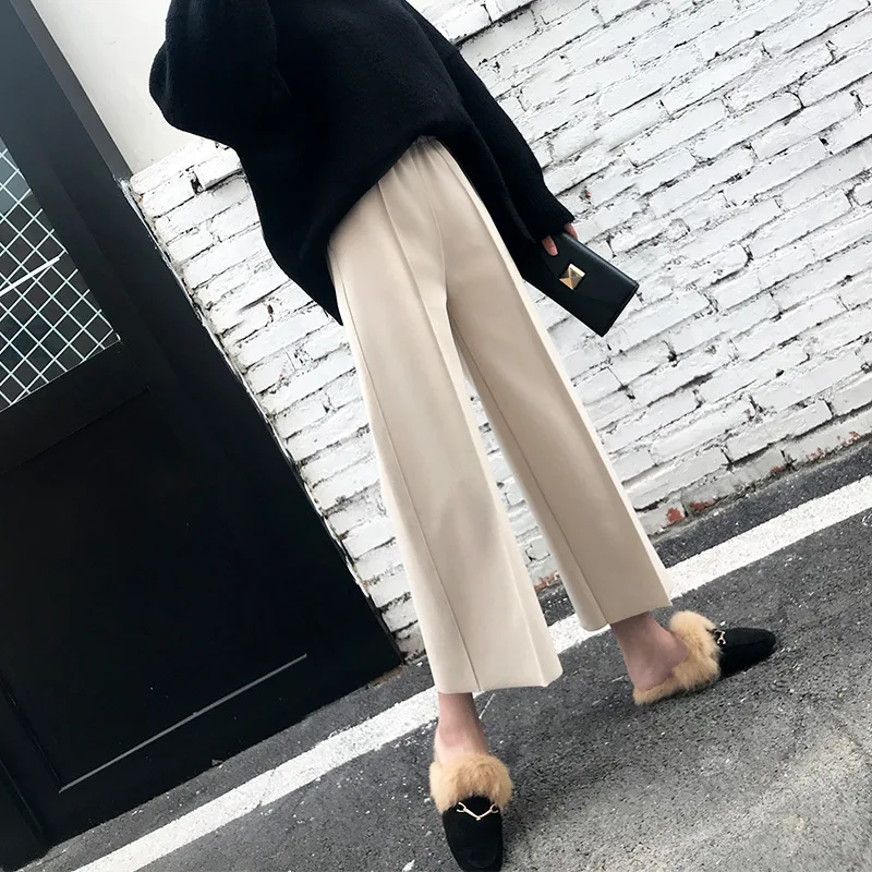 Office Lady Ankle-Length Wool Wide Leg Pants Women Flat High Woolen Autumn Winter Trousers Solid Loose Palazzo | Женская одежда