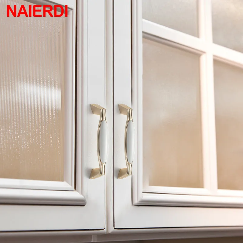 NAIERDI золотые белые керамические металлические ручки для ящиков кухонные дверные