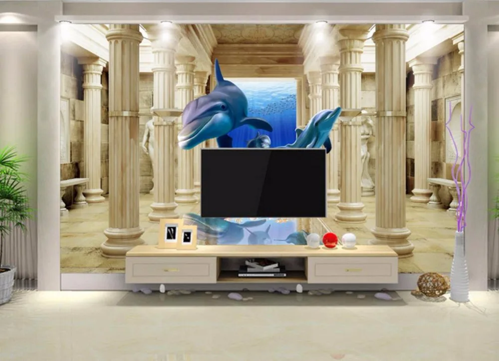 3D фрески обои Дельфин римская колонна на заказ фото любая настенная дверь