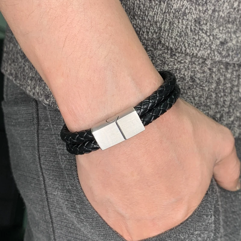 Fashion Punk Black Braided Leather Bracelet Men Jewelry Stainless Steel Magnetic Clasp Male Wristband Bracelets Bangles SP0033 | Украшения