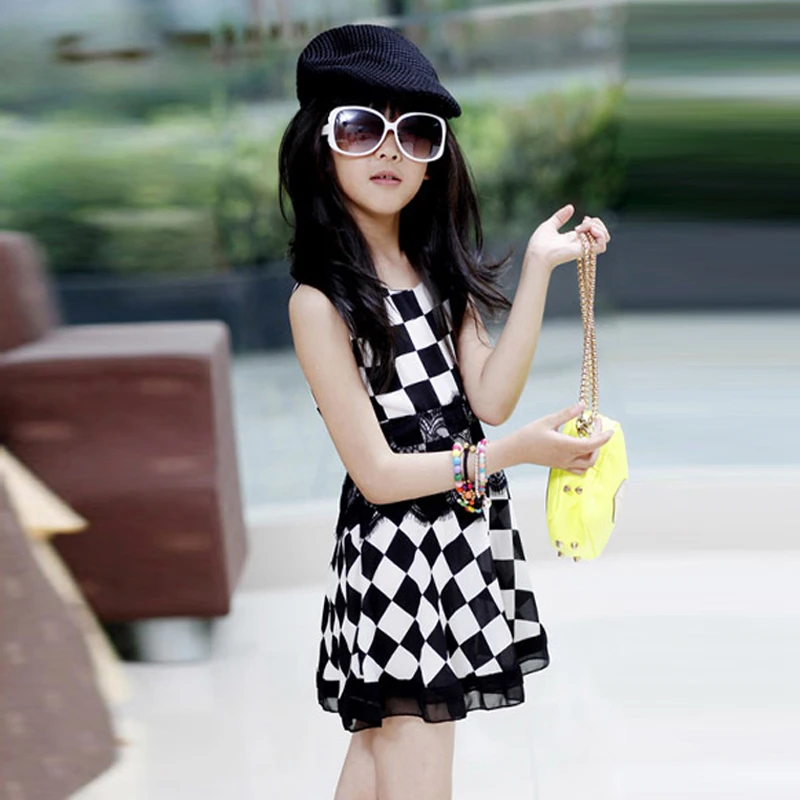 Summer Black White Plaid Lace Vest Girls Dress Princess Pageant Dresses 4-16 Years Children Clothes Kids Party holiday dress | Детская