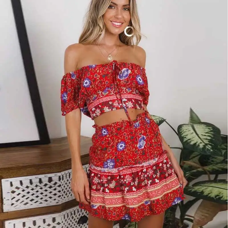 Женское мини-платье с цветочным принтом boho красное платье открытыми плечами и