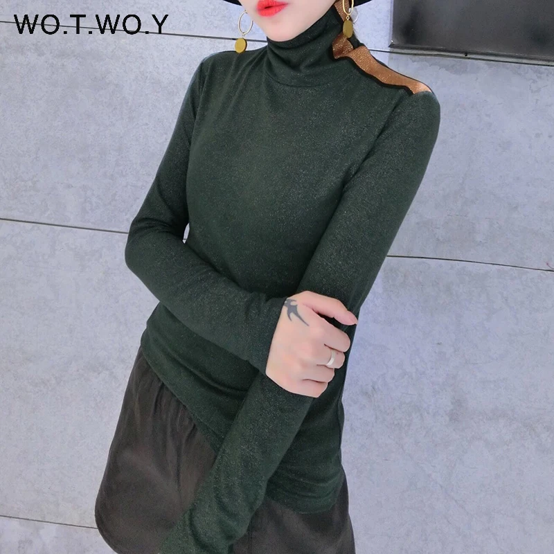 WOTWOY 2019 Весна новая водолазка футболка Женская Базовая Трикотажная люрекс Топы с