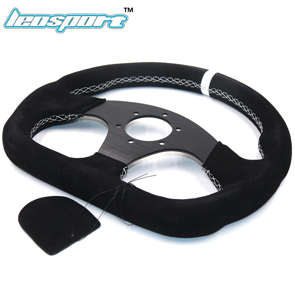 Регулируемое рулевое колесо 33 см из замши и кожи с белой линией плоское гоночное