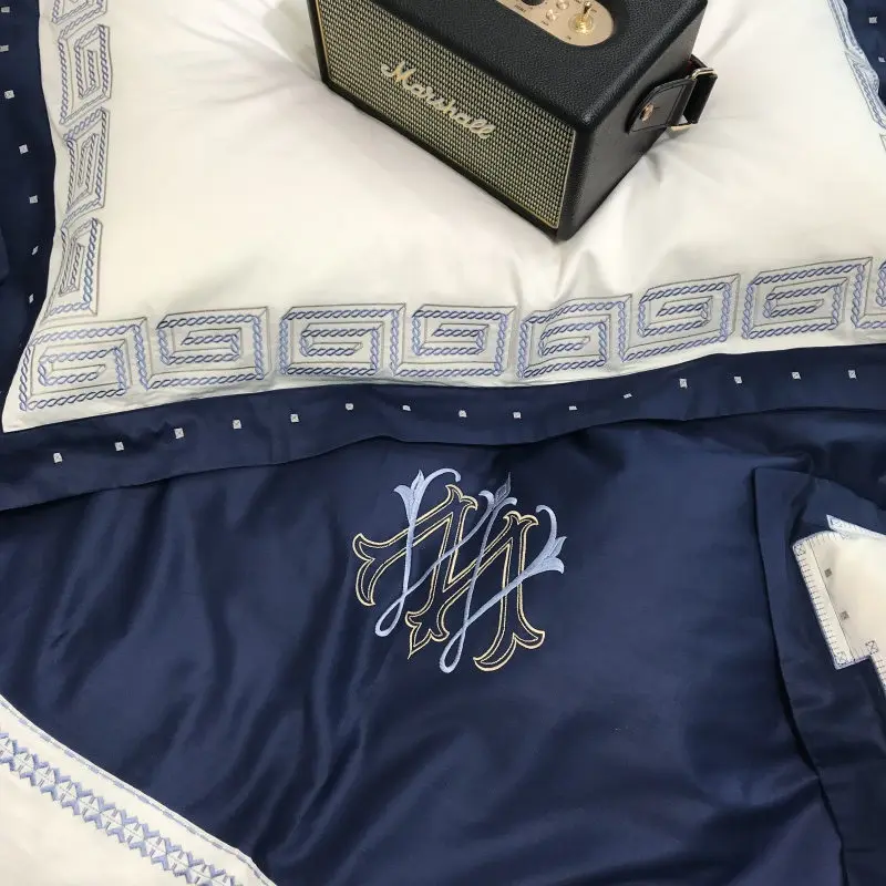 Home Bedding Sets Blue egyptian cotton Soft duvet Cover embroidery Bed Set pillowcase King size Queen 4pcs |