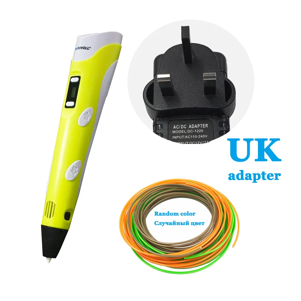 Yellow UK Myriwell 2-го поколения 3D ручки светодиодный дисплей DIY 3d принтер Ручка 25 м/50 м/100 м 1,75 мм PLA 3d ручки для детей игрушечные инструменты для рисования - Цвет: Yellow UK