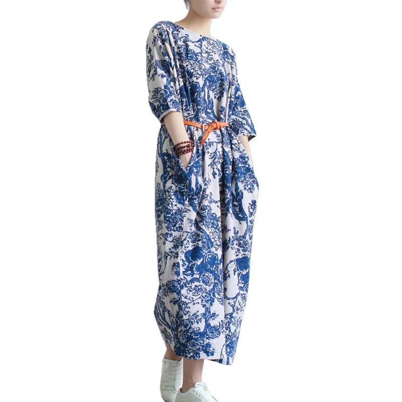 SCUWLINEN Vestidos, женское летнее платье больших размеров, свободное, повседневное, винтажное, с принтом, с коротким рукавом, длинные, вечерние, с цветочным рисунком, льняное платье S04 - Цвет: Blue White Porcelai
