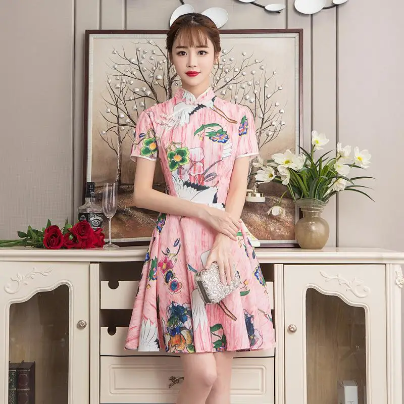 Элегантное женское платье с цветочным принтом Qipao, классическое короткое платье с воротником-стойкой, тонкое мини-платье Cheongsam для выступлений, Vestidos, размер s-xxxl - Цвет: Style 1