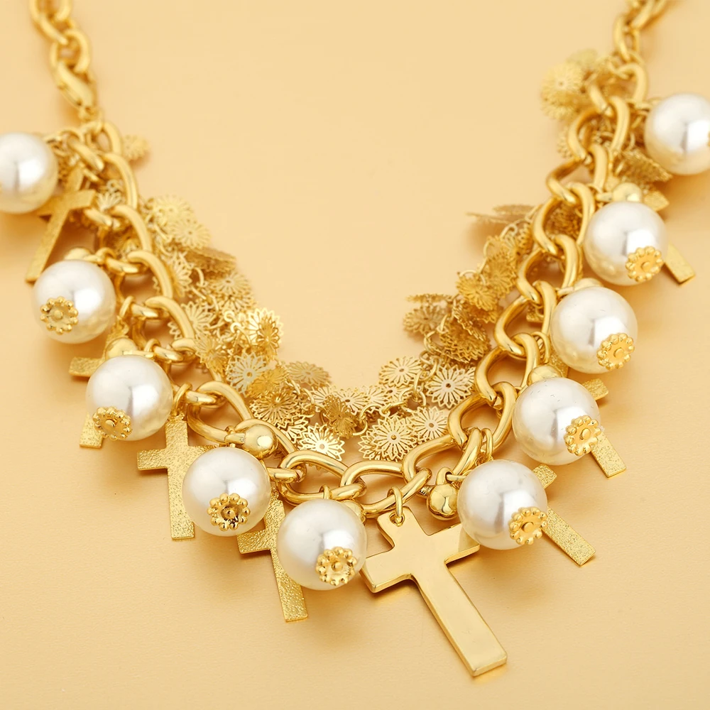 Neoglory Simulated Pearl Pendant Long Necklace Vintage Religious Cross Style For Classic Lady Party Anniversary | Украшения и