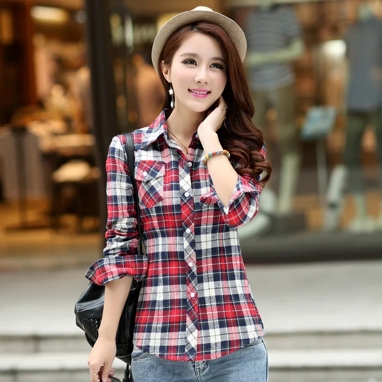 Мода новый с длинными рукавами женская повседневная плед рубашки/женские Тонкий