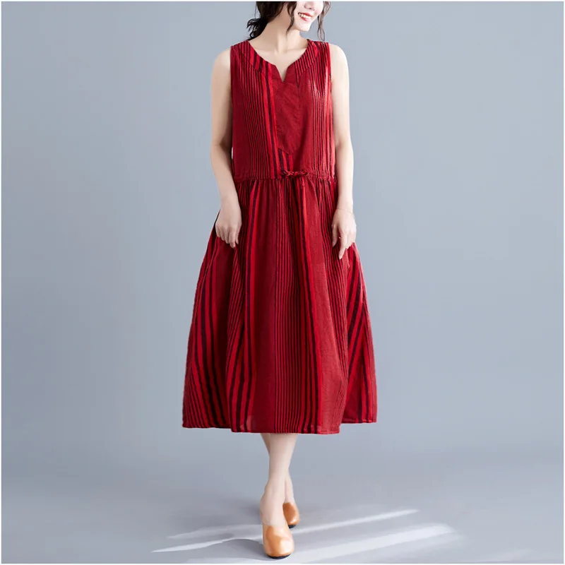 2019 Summer Women Striped Print Bohemian Short Sleeve Loose Party Cotton Linen Waist Belts Vestido Casual Dress Plus Size | Женская