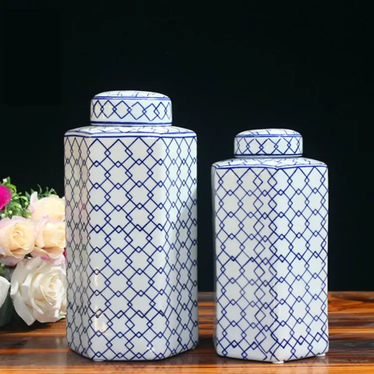 

Jingdezhen Ceramics Traditional Six Square Pattern Ceramic Storage jar Decorative Pot Soft Decoration porcelain jar vase