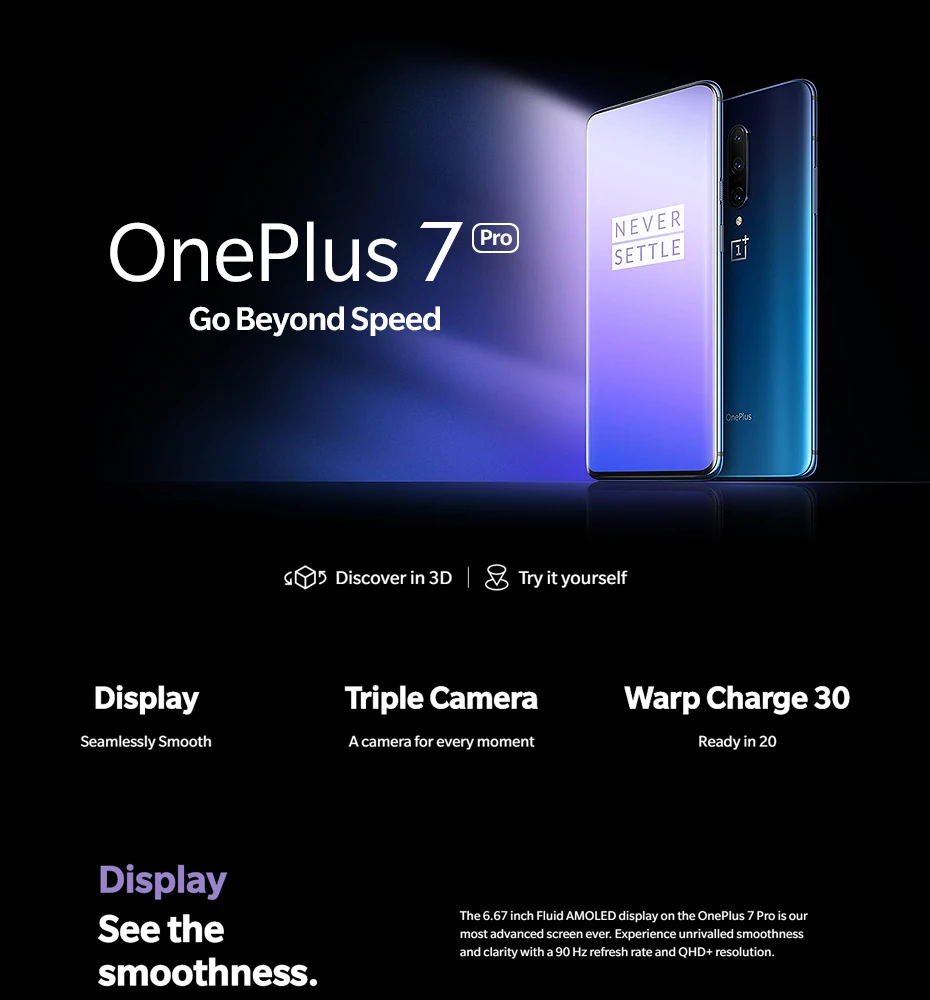 Смартфон Oneplus 7 Pro с глобальной ПЗУ, 6 ГБ, 128 ГБ, Snapdragon 855, 6,67 дюйма, AMOLED экран, 48мп, тройная камера, 30 Вт, зарядное устройство, NFC, 4000 мА/ч