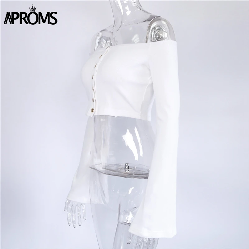 Aproms, белые, с открытыми плечами, вязаные топы, женские, короткий топ, на пуговицах, эластичные, тонкие, базовые майки,, уличная одежда, с расклешенными рукавами, тройники